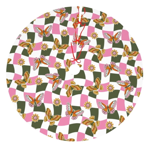 Picia Abstract Pink Plaid Butterfly Print Christmas Tree Skirt , Christmas Tree Skirt Ornaments for Merry Christmas Holiday Party Decorations Indoor Outdoor-48"