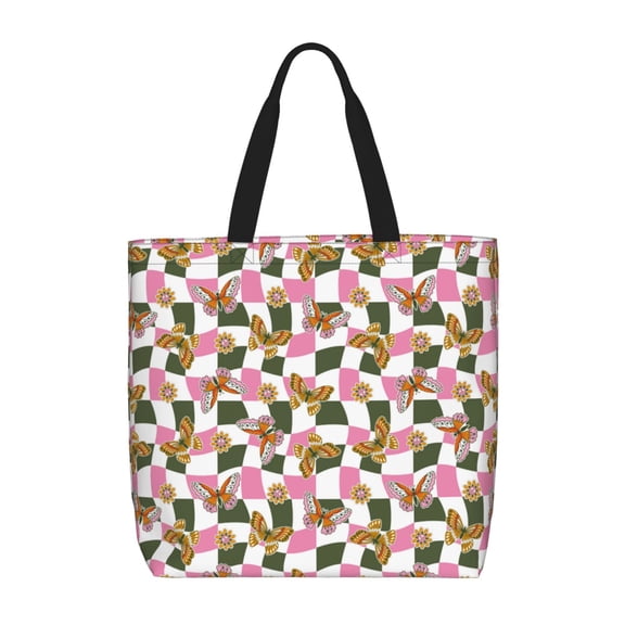 Picia Abstract Pink Plaid Butterfly for Tote Bag for Women with Zipper, Gym Tote with Compartments, Laptop Work Tote Nurse Dance Yoga Bag for Sport, Travel