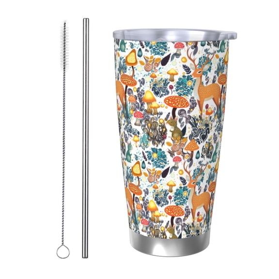 Picia Abstract Plants Mushroom Deer Pattern 20 oz Tumbler Stainless Steel Vacuum Insulated Coffee Ice Cup Double Wall Travel Flask Dual Lid Water Bottle, Eco-friendly Car Cup