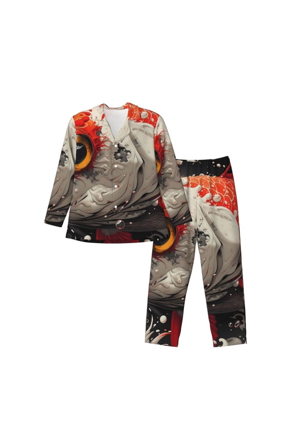 Abstract Red Koi Fish Art Pattern Men’s Long-Sleeve Sleepwear Set - Soft 2-Piece Loungewear with Pockets, Comfy PJs for Relaxing Nights-Large