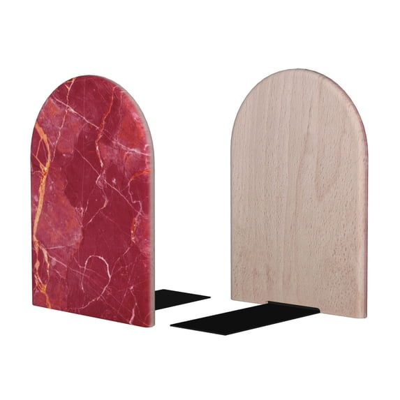 Picia Abstract Red Marble Pattern Wood Bookends for Shelves,Non-slip Bookends, Heavy Duty Wooden Bookend Support,1 Pair
