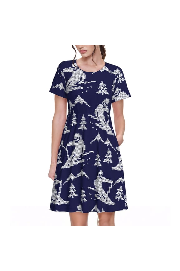 Abstract Skiing Pattern Women's Short Sleeve Summer Dress Pleated Loose Swing Knee Length Short Sleeve Swing Dresses