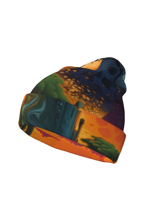 Abstract Tree Castle Pattern Knitted Beanie Hat for Men and Women , Unisex Winter Warm Stretchy Knit Cap Thick Fisherman Beanies Cuffed Plain Skull Caps