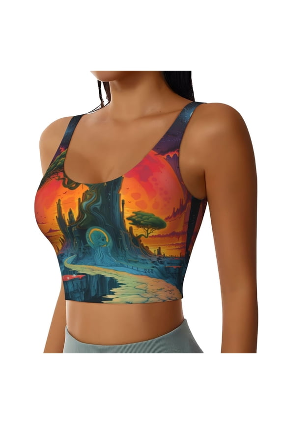 Abstract Tree Castle Sports Bra for Women,Padded Strappy Sports Bras Medium Support Yoga Bra with Removable Cups,Running Yoga Bra-Small