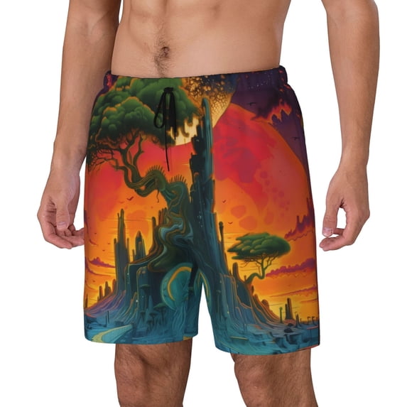 Picia Abstract Tree Castle pattern Mens Swim Trunks with Compression Liner Stretch Beach Shorts Quick Dry with Zipper Pockets No-Chafing Board Shorts-Large
