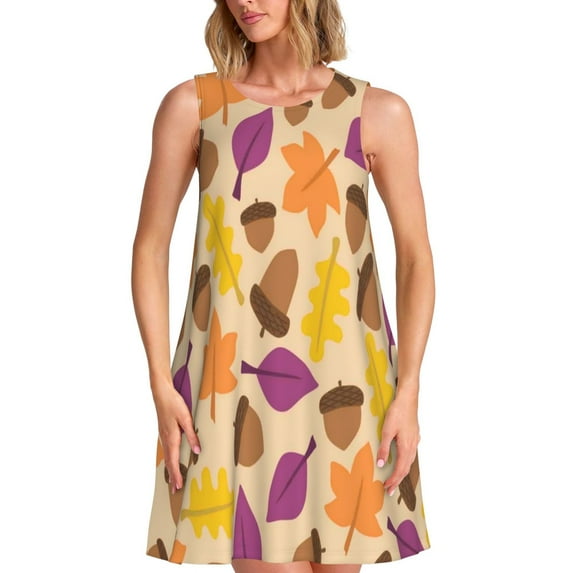 Picia Acorn Autumn Fall Leaf Leaves Print Women’s Sleeveless Midi Swing Dress – A-Line Pleated Tank Sundress, Comfortable and Flowy T-Shirt Dress