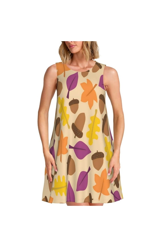 Acorn Autumn Fall Leaf Leaves Print Women’s Sleeveless Midi Swing Dress – A-Line Pleated Tank Sundress, Comfortable and Flowy T-Shirt Dress