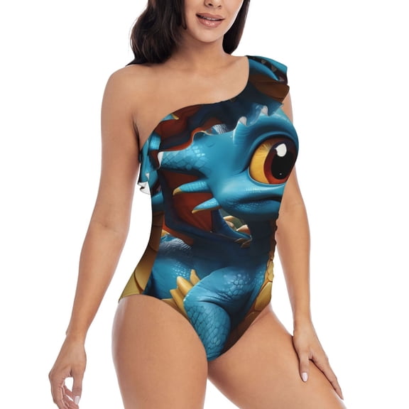 Picia Adorable Blue Baby Dragon Pattern Women's One Piece Swimsuits,One Shoulder Swimwear Asymmetric ,Ruffle Monokinis Bathing Suits,High Waisted Flattering Bathing Suits-X-Large