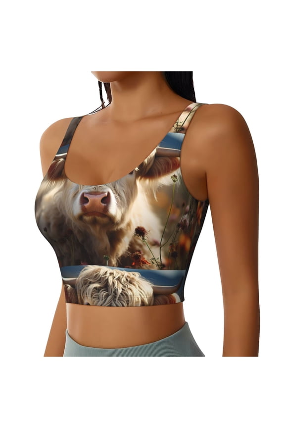 Adorable Flower Field Cow Sports Bra for Women,Padded Strappy Sports Bras Medium Support Yoga Bra with Removable Cups,Running Yoga Bra-Large