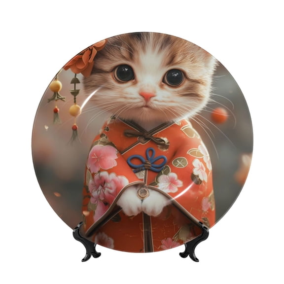 Picia Adorable Kitten In Kimono Pattern Bone China Decorative Plate – Wall Decor with Stand and Adhesive, Elegant Ornament for Living Room, Office, or Entryway-6in
