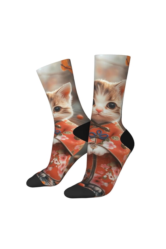 Adorable Kitten In Kimono Print Athletic Socks for Men & Women – Cushioned Moisture-Wicking Crew Socks for Sports, Running, and Training, Soft & Breathable Size 5-11
