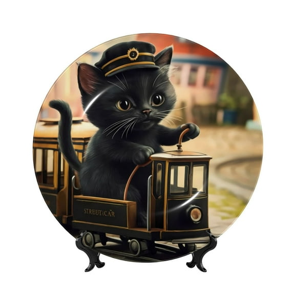 Picia Adorable Kitten On Mini Train Pattern Bone China Decorative Plate – Wall Decor with Stand and Adhesive, Elegant Ornament for Living Room, Office, or Entryway-7in