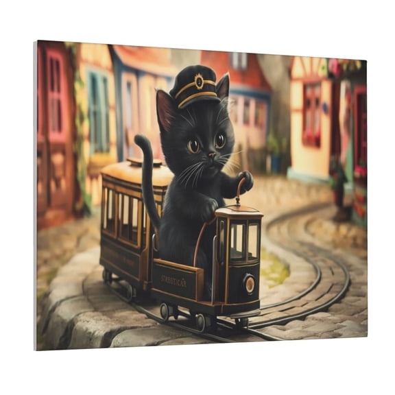 Picia Adorable Kitten On Mini Train Pattern Decorative Picture – Unique Wall Art, Modern Canvas Print for Trendy Interiors (Horizontal)