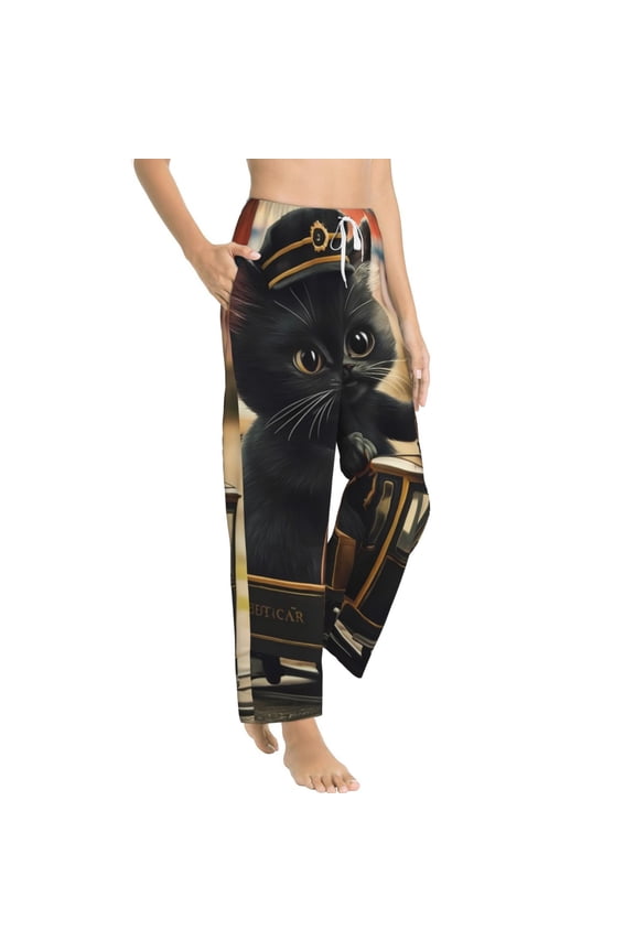 Adorable Kitten On Mini Train Womens Soft Woven Cotton Elastic Waistband Sleep Pajama Pant Lounge Sleep Pant With Pockets And Drawstring-Medium