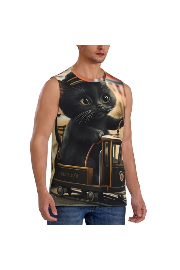 Adorable Kitten On Mini Train mens Cotton Tank Undershirts , Moisture-wicking Ribbed Tanks, Lightweight Cotton Tank Undershirts-3X-Large