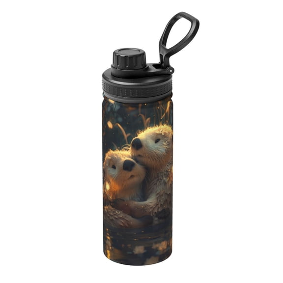 Picia Adorable Otter Pair Hug Pattern Water Bottle 18 oz Stainless Steel Insulated Bottles With Handle Leak Proof Gym Sport Water Jug BPA-free insulated kettle For Men Women Adults