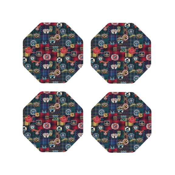 Picia Adventure Camping Badge Printed Leather Coasters for Drinks, 4" Drink Coasters Set of 4 for Tabletop Protection, Handmade Luxurious Home Décor and Housewarming Gift -Octagon