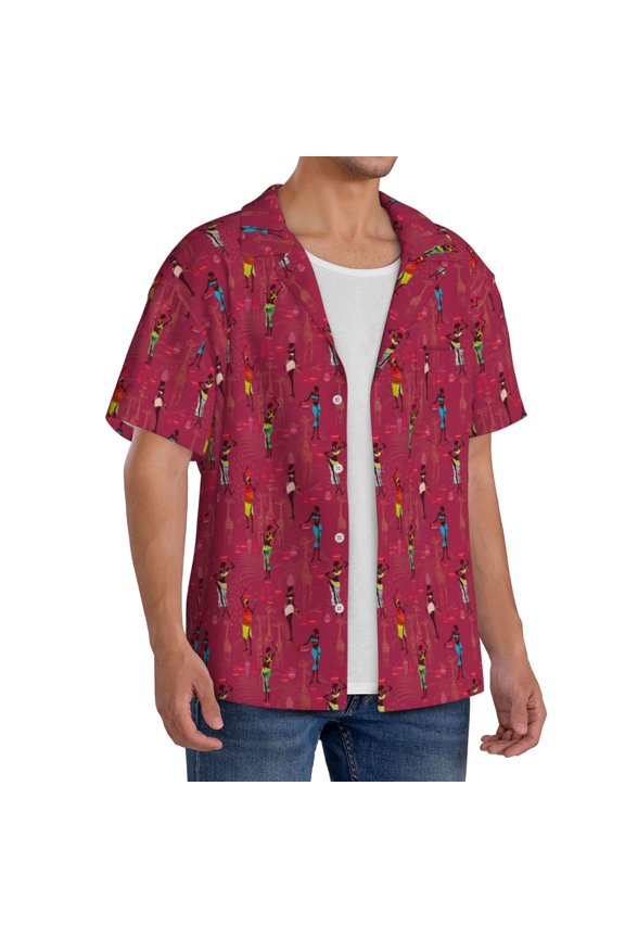 African Women Bearing Clay Pots Men's Linen Shirts Short Sleeve Cuban Beach Shirts Casual Shirts Button Down Shirt for Men Beach Summer Wedding Shirt-Small