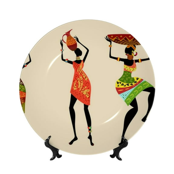 Picia African Women Pattern Bone China Decorative Plate – Wall Decor with Stand and Adhesive, Elegant Ornament for Living Room, Office, or Entryway-8in