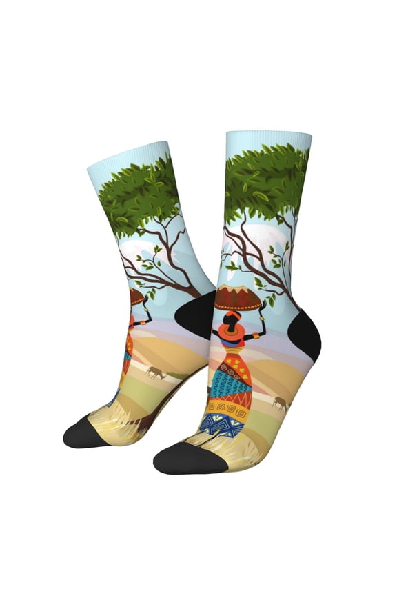 African Women Print Athletic Socks for Men & Women – Cushioned Moisture-Wicking Crew Socks for Sports, Running, and Training, Soft & Breathable Size 5-11