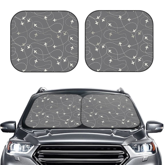 Picia Airplane Routes Around The World 2 Piece Car Windshield Sun Shade Foldable | Foldable Sun Shield for Front Window Blocks UV Rays and Keeps Your Vehicle Cool-Large