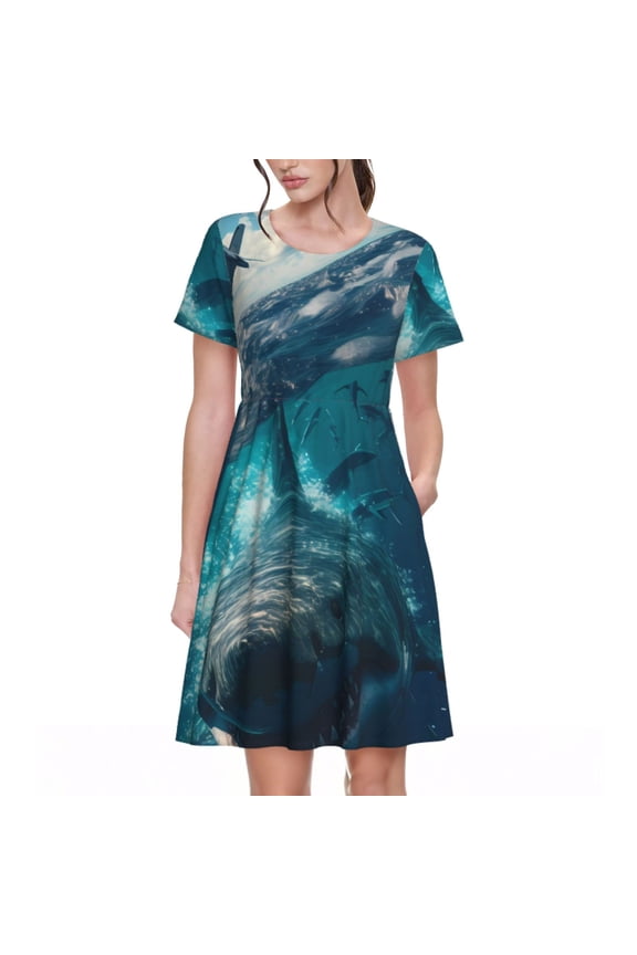 Airplane Shark Pattern Women's Short Sleeve Summer Dress Pleated Loose Swing Knee Length Short Sleeve Swing Dresses