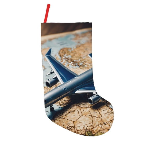 Picia Airplane World Map Adventure for 18in Christmas Stockings, Xmas Stocking for Kids, Holiday and Family Stocking for Fireplace or Party Decoration