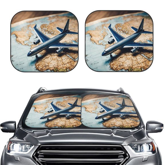 Picia Airplane World Map Adventure 2 Piece Car Windshield Sun Shade Foldable | Foldable Sun Shield for Front Window Blocks UV Rays and Keeps Your Vehicle Cool-Small