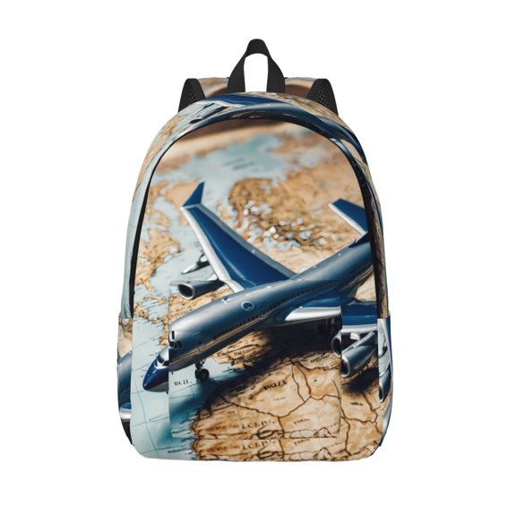 Picia Airplane World Map Adventure Printed Canvas Daypack - Stylish and Durable Vintage Compact Backpack - Class, Work, Travel, or Laptop Bookbag,Organized Compartments-Medium