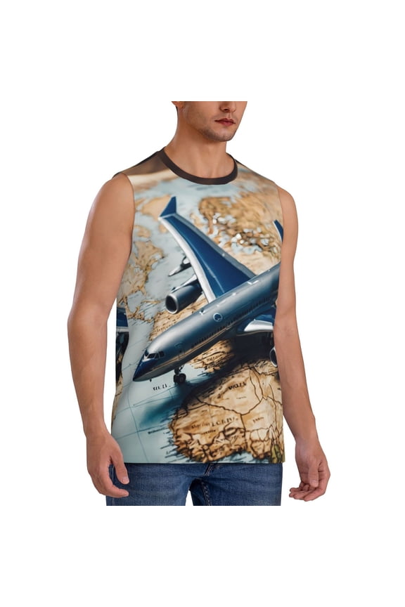 Airplane World Map Adventure mens Cotton Tank Undershirts , Moisture-wicking Ribbed Tanks, Lightweight Cotton Tank Undershirts-3X-Large