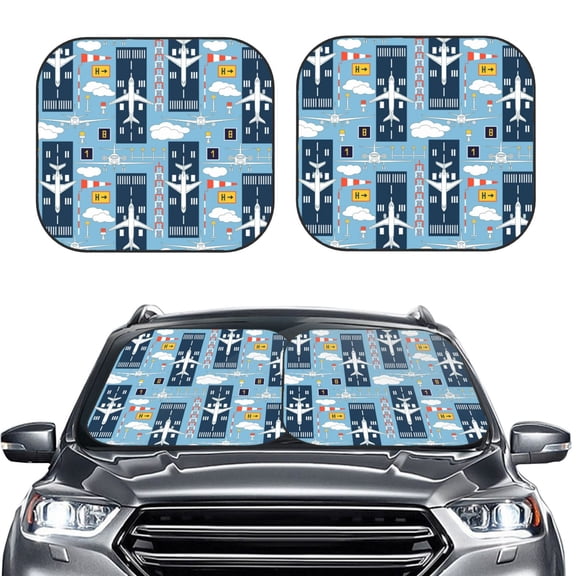 Picia Airplanes and Aviation Signs 2 Piece Car Windshield Sun Shade Foldable | Foldable Sun Shield for Front Window Blocks UV Rays and Keeps Your Vehicle Cool-Medium