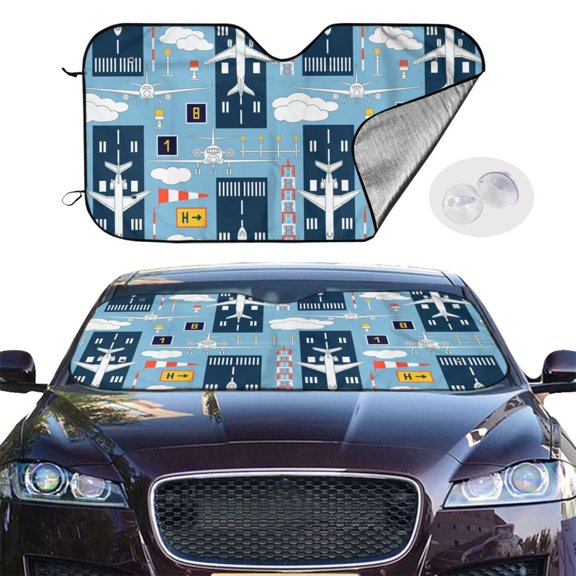 Picia Airplanes and Aviation Signs Curved Windshield Sunshade Accordion Folding Style Auto Shade for Car Truck SUV Van Blocks UV Ray Sun Visor Protector -Small