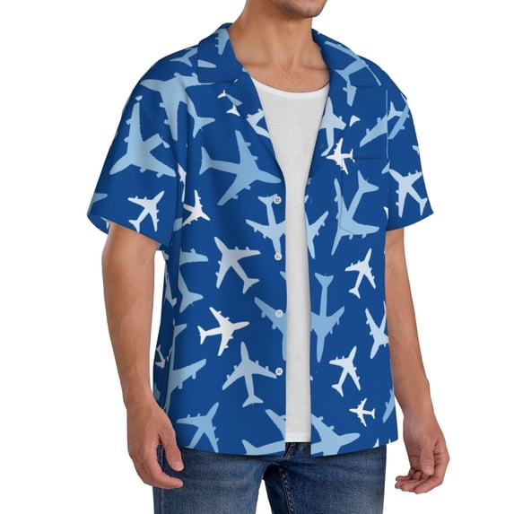 Picia Airplanes in the Sky Men's Linen Shirts Short Sleeve Cuban Beach Shirts Casual Shirts Button Down Shirt for Men Beach Summer Wedding Shirt-4X-Large