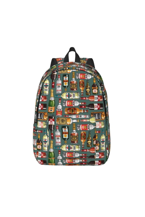 Alcohol Bottles Printed Canvas Daypack - Stylish and Durable Vintage Compact Backpack - Class, Work, Travel, or Laptop Bookbag,Organized Compartments-Medium
