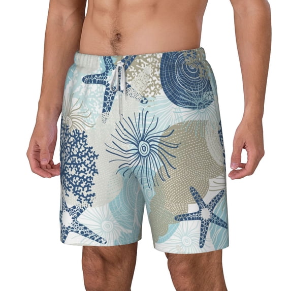 Picia Algae Corals and Seashells pattern Mens Swim Trunks with Compression Liner Stretch Beach Shorts Quick Dry with Zipper Pockets No-Chafing Board Shorts-X-Large