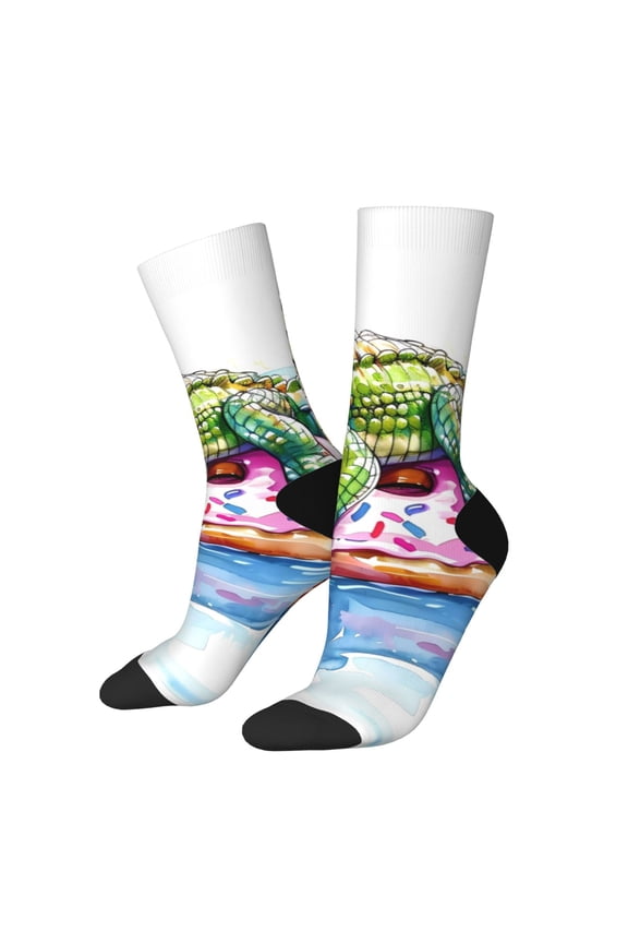 Alligator Donut Pool Float Print Athletic Socks for Men & Women – Cushioned Moisture-Wicking Crew Socks for Sports, Running, and Training, Soft & Breathable Size 5-11