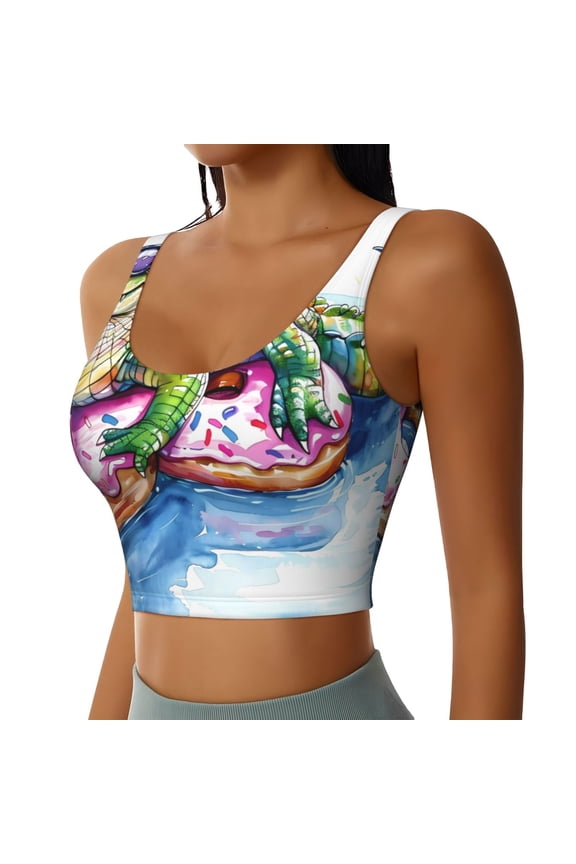 Alligator Donut Pool Float Sports Bra for Women,Padded Strappy Sports Bras Medium Support Yoga Bra with Removable Cups,Running Yoga Bra-Medium