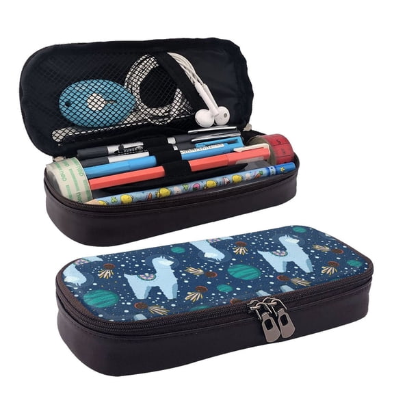 Picia Alpaca Astronaut in Space Pattern Large Capacity PU Leather Pencil Case Organizer Pen Marker Holder Double Zipper Storage Bag Big Pencil Pouch for College Office