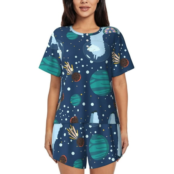 Picia Alpaca Astronaut in Space Pajamas Sets for Women Soft Short-Sleeved Pjs with Lounge Shorts Two Piece Sleepwear-4X-Large