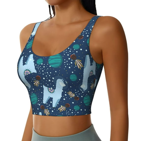 Picia Alpaca Astronaut in Space Sports Bra for Women,Padded Strappy Sports Bras Medium Support Yoga Bra with Removable Cups,Running Yoga Bra-Medium