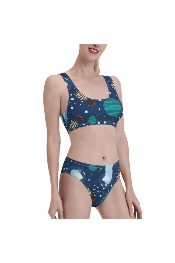 Alpaca Astronaut in Space Women's High Waisted Bikini Scoop Neck Swimsuit Two Pieces Bathing Suit-Medium