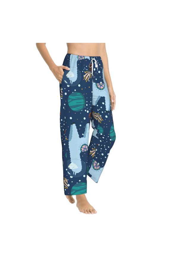 Alpaca Astronaut in Space Womens Soft Woven Cotton Elastic Waistband Sleep Pajama Pant Lounge Sleep Pant With Pockets And Drawstring-Medium