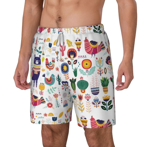 Picia Alpaca Flower pattern Mens Swim Trunks with Compression Liner Stretch Beach Shorts Quick Dry with Zipper Pockets No-Chafing Board Shorts-Medium