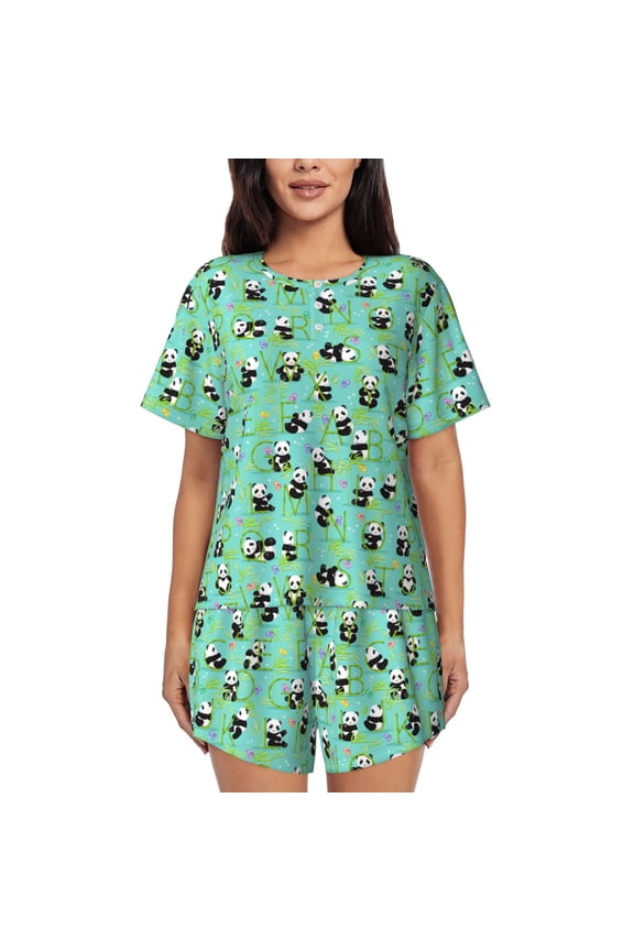 Alphabet And Panda Pajamas Sets for Women Soft Short-Sleeved Pjs with Lounge Shorts Two Piece Sleepwear-Medium