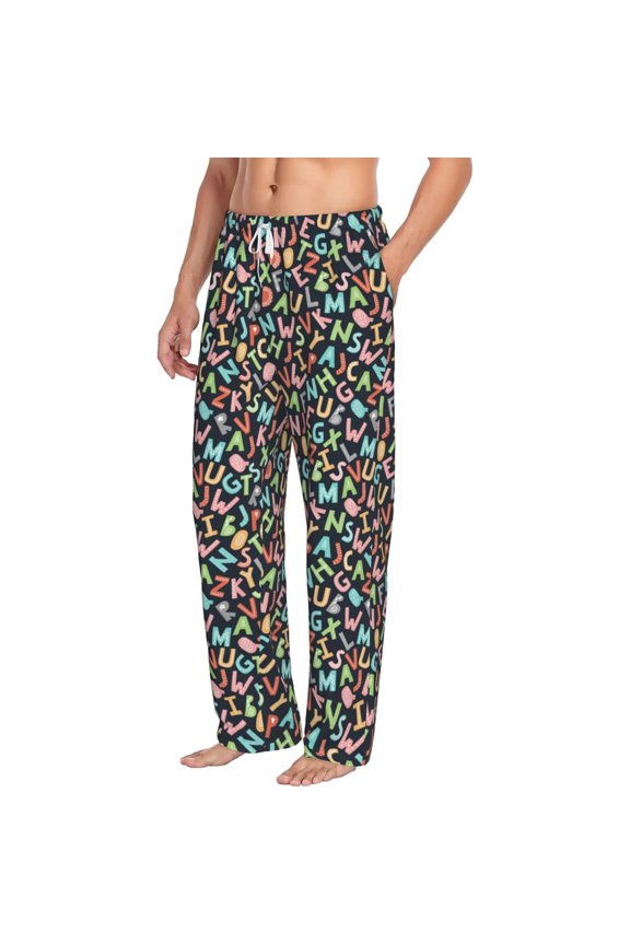Alphabet Mens Soft Woven Cotton Elastic Waistband Sleep Pajama Pant Lounge Sleep Pant With Pockets And Drawstring-Small