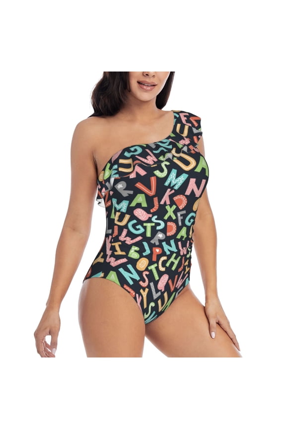 Alphabet Pattern Women's One Piece Swimsuits,One Shoulder Swimwear Asymmetric ,Ruffle Monokinis Bathing Suits,High Waisted Flattering Bathing Suits-XX-Large