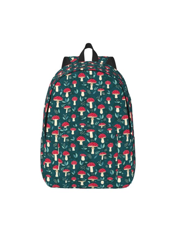 Amanita Mushroom Printed Canvas Daypack - Stylish and Durable Vintage Compact Backpack - Class, Work, Travel, or Laptop Bookbag,Organized Compartments-Medium