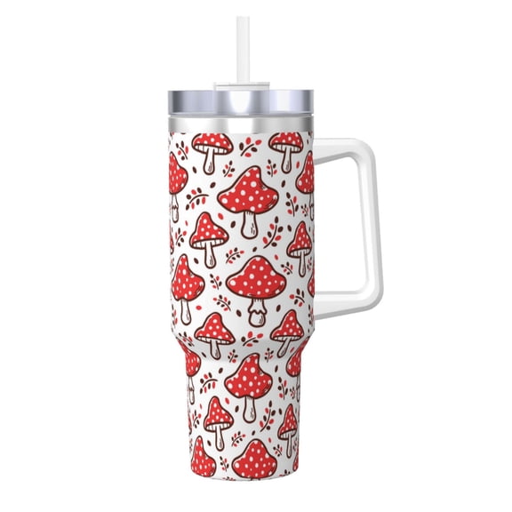 Picia Amanita Red Mushroom Pattern 40oz Ice Bully Insulated Tumbler with Handle, Double-Wall Stainless Steel Cup, Leak-Proof Lid and Straw
