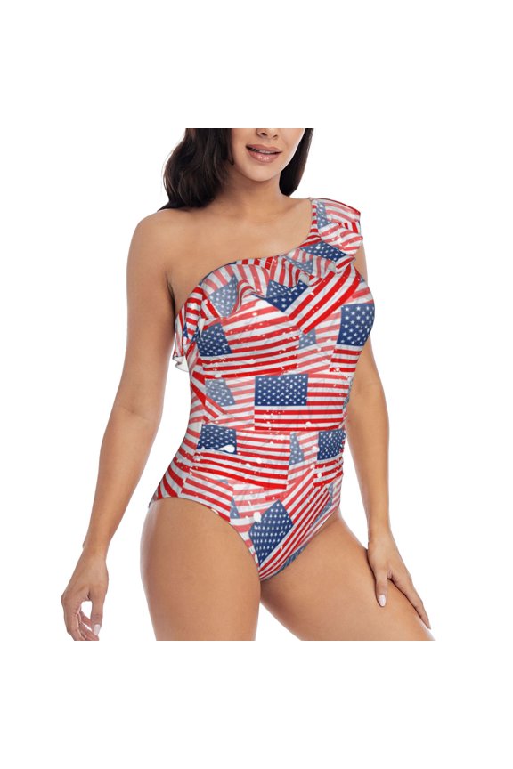 America Flags Pattern Women's One Piece Swimsuits,One Shoulder Swimwear Asymmetric ,Ruffle Monokinis Bathing Suits,High Waisted Flattering Bathing Suits-Medium
