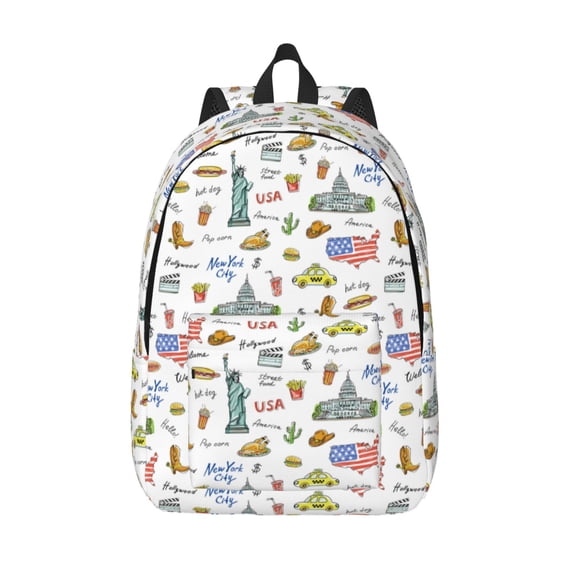 Picia America Landmarks Printed Canvas Daypack - Stylish and Durable Vintage Compact Backpack - Class, Work, Travel, or Laptop Bookbag,Organized Compartments-Medium